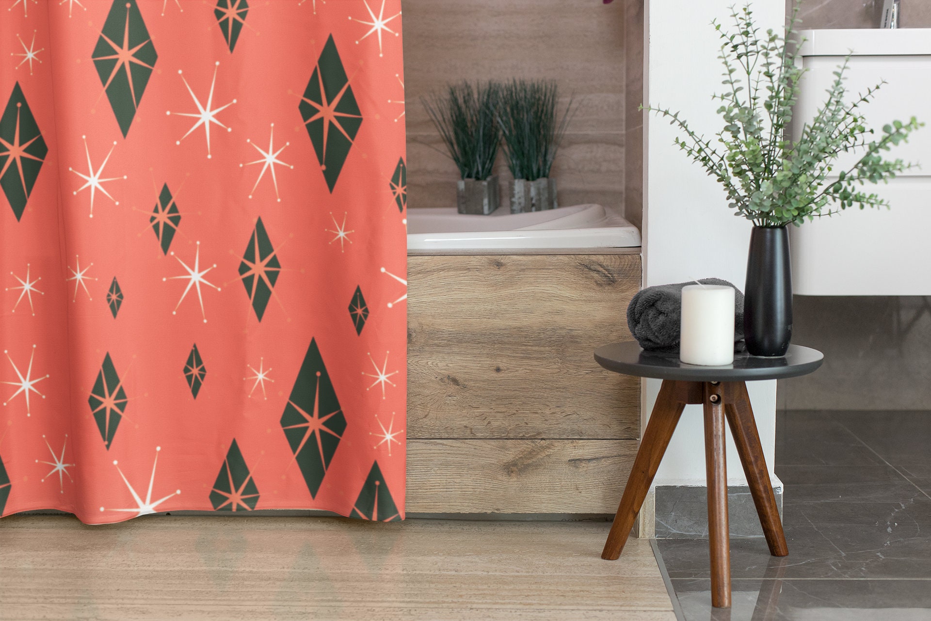 Retro Salmon Shower Curtain for Mid Century Modern Inspired Vintage Bathroom Decor - Image 4