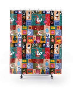 Retro Santa Claus Christmas Shower Curtain Patchwork | Kids Bathroom Decor | Restroom Shower Curtains