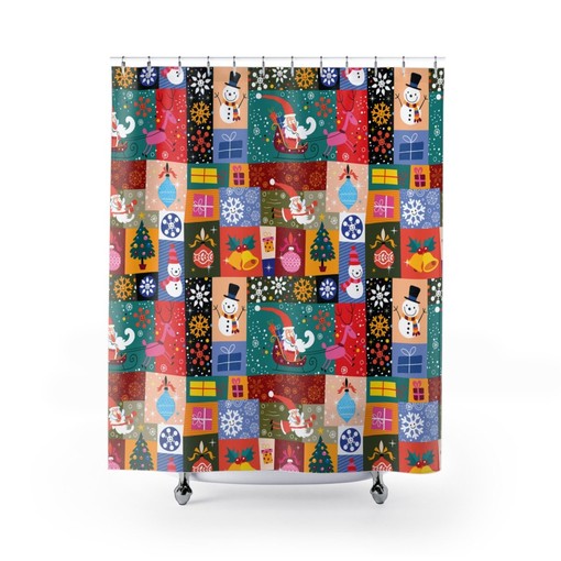 Retro Santa Claus Christmas Shower Curtain Patchwork | Kids Bathroom Decor | Restroom Shower Curtains