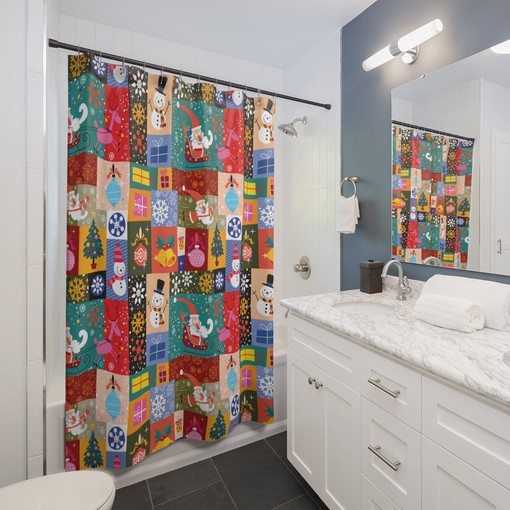 Retro Santa Claus Christmas Shower Curtain Patchwork | Kids Bathroom Decor | Restroom Shower Curtains - Image 2