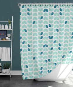 Retro Scandinavian Nordic Leaf Pattern Shower Curtain, Blue Bathroom Decor Accessories