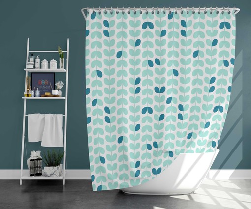 Retro Scandinavian Nordic Leaf Pattern Shower Curtain, Blue Bathroom Decor Accessories