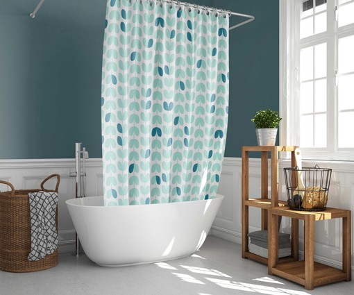 Retro Scandinavian Nordic Leaf Pattern Shower Curtain, Blue Bathroom Decor Accessories - Image 2