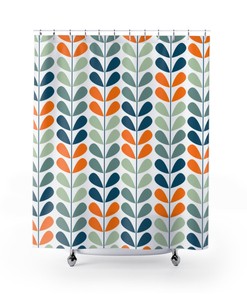 Retro Scandinavian Shower Curtain in Orange, Blue, and Mint with Mod Appeal