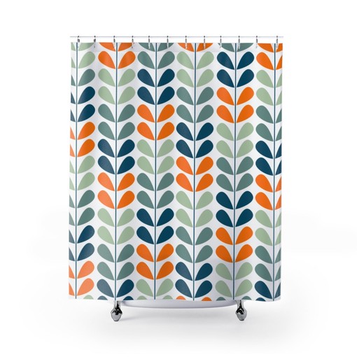 Retro Scandinavian Shower Curtain in Orange, Blue, and Mint with Mod Appeal