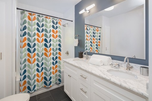 Retro Scandinavian Shower Curtain in Orange, Blue, and Mint with Mod Appeal - Image 2