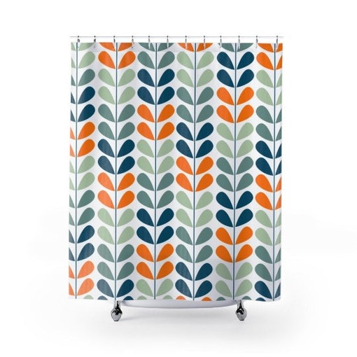 Retro Scandinavian Shower Curtain in Orange, Blue, and Mint with Mod Appeal - Image 3