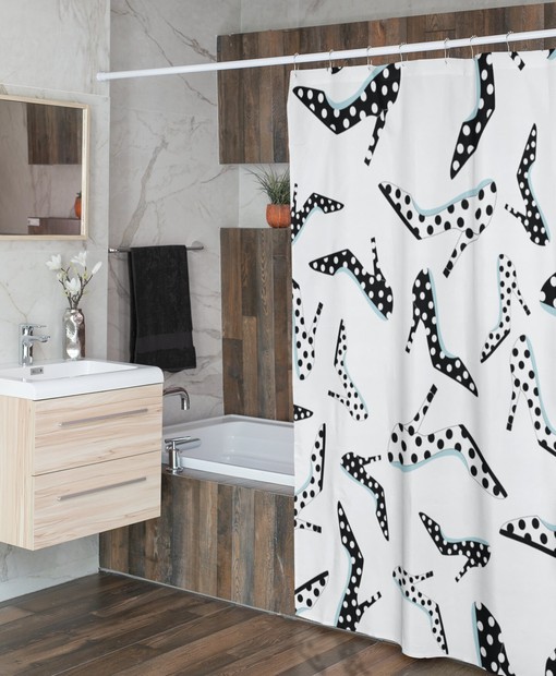Retro Shoes Polka Dot Shower Curtain, Feminine Bathroom Decor, Unique Tub Accessory