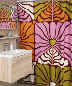 Retro Shower Curtain with Flowery Designs for Hippie Bathroom Accessory