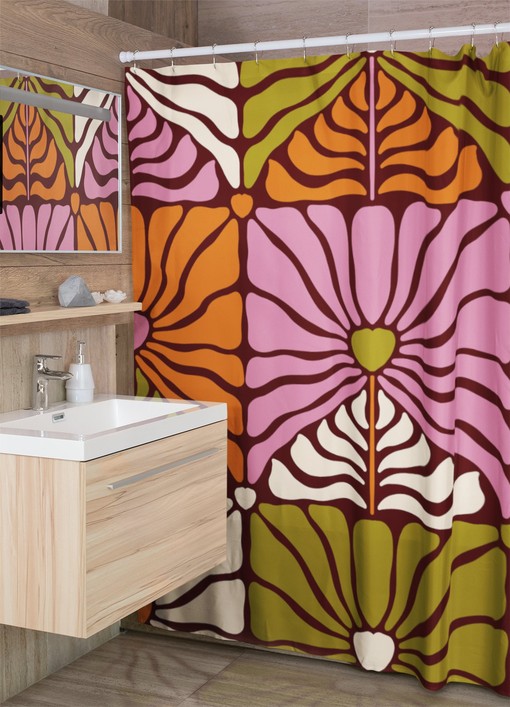Retro Shower Curtain with Flowery Designs for Hippie Bathroom Accessory