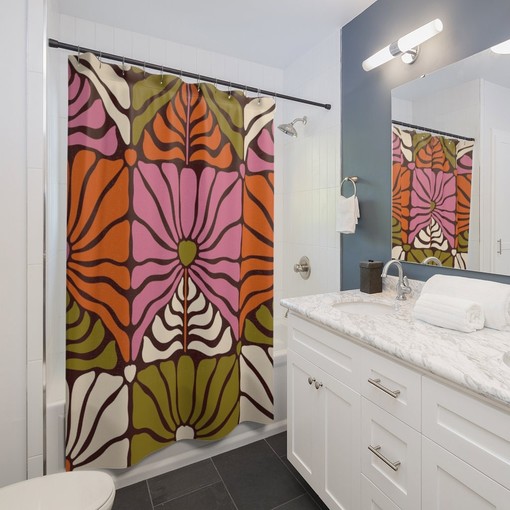 Retro Shower Curtain with Flowery Designs for Hippie Bathroom Accessory - Image 3
