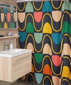 Retro Shower Curtain with Geometric Hippie Designs for Retro Bathrooms in the 60's and 70's