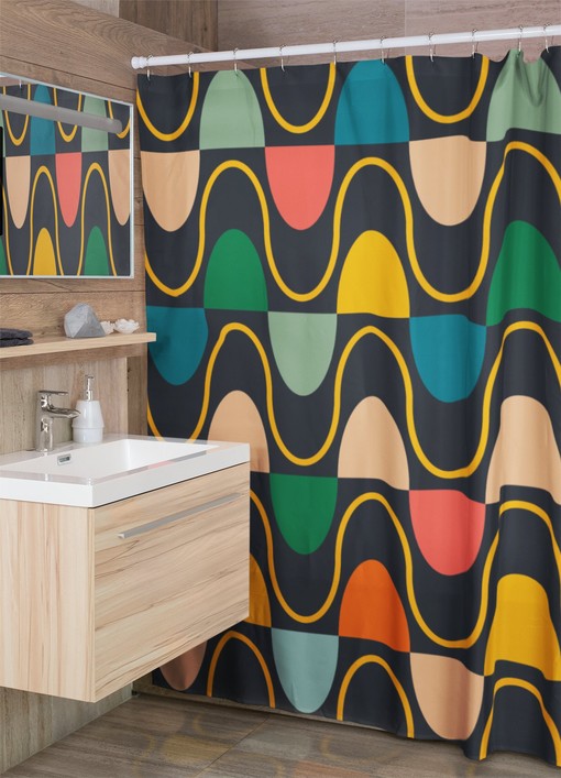 Retro Shower Curtain with Geometric Hippie Designs for Retro Bathrooms in the 60's and 70's