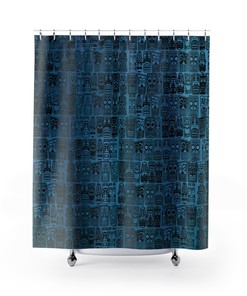 Retro TIKI Blue and Black Shower Curtain: Vintage Design for Mid Century Lifestyle