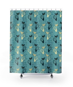 Retro Teal Atomic Cat Travel Shower Curtain
