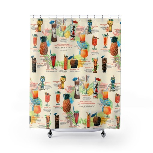 Retro Tiki Drink Menu Shower Curtain: Mid Century Tropical Vibes
