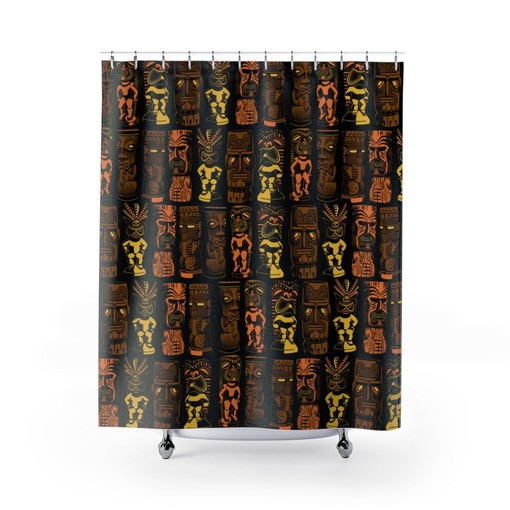 Retro Tiki Gods on Black Shower Curtain: Perfect for Your Mid Century Modern Lifestyle