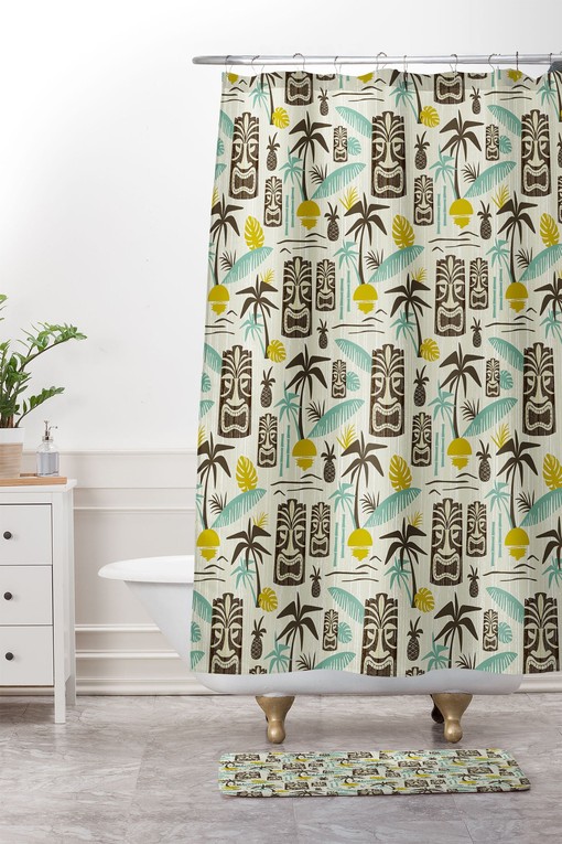 Retro Tiki Shower Curtain | Hawaiian Print Tropical Bathroom Decor | Luxury Bathroom Shower Curtains