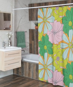 Retro Tropical Flowers Shower Curtain - Groovy 60's 70's Hippie Bathroom Accessory