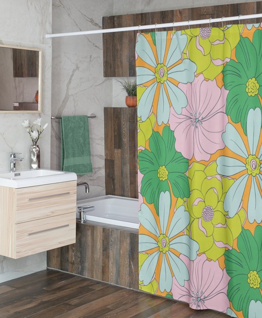 Retro Tropical Flowers Shower Curtain - Groovy 60's 70's Hippie Bathroom Accessory