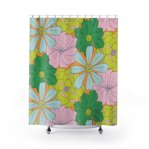 Retro Tropical Flowers Shower Curtain - Groovy 60's 70's Hippie Bathroom Accessory - Image 2