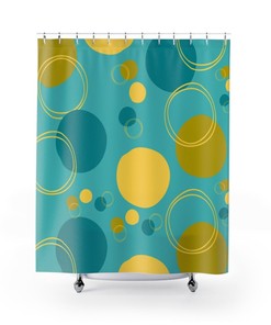 Retro Turquoise Blue Mid Century Mod Geometric Circle Shower Curtain