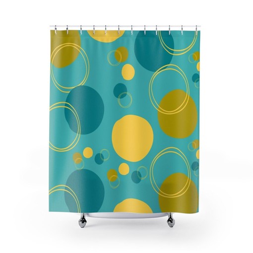 Retro Turquoise Blue Mid Century Mod Geometric Circle Shower Curtain