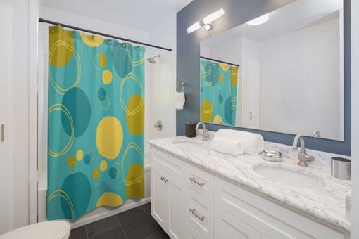 Retro Turquoise Blue Mid Century Mod Geometric Circle Shower Curtain - Image 2