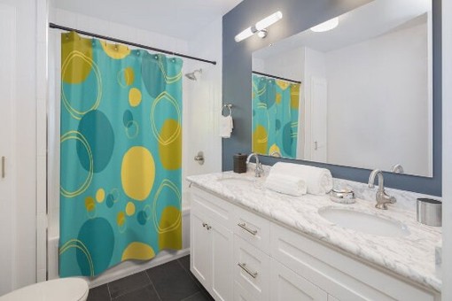 Retro Turquoise Blue Mid Century Mod Geometric Circle Shower Curtain - Image 4