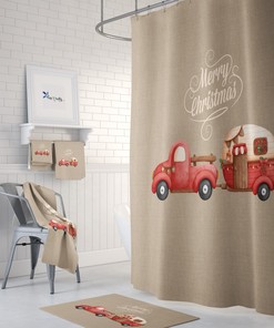 Retro Vintage Camper Red Truck Christmas Shower Curtain Set for an Old-School Vibe