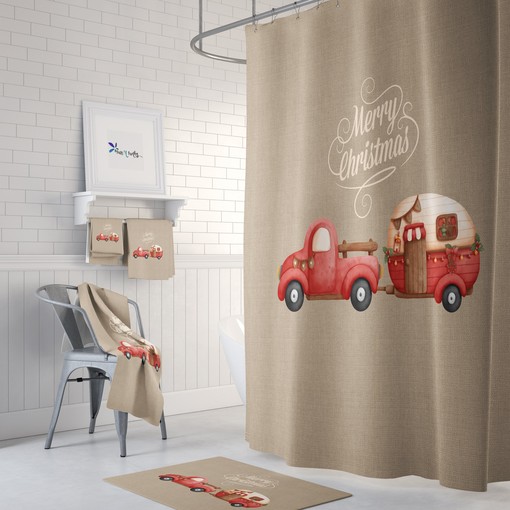 Retro Vintage Camper Red Truck Christmas Shower Curtain Set for an Old-School Vibe
