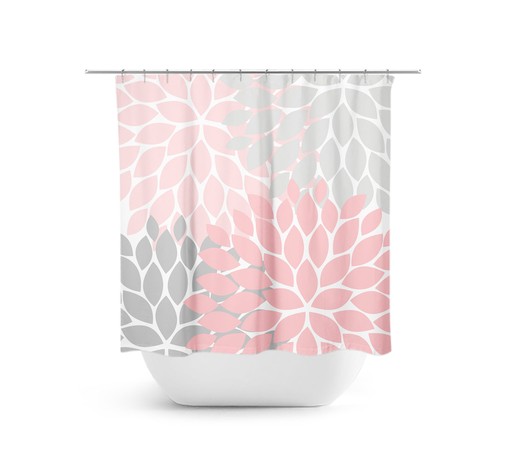 Retro Vintage Pink Gray Floral Shower Curtain | Bath Curtain for Girls Bathroom with Unique Design