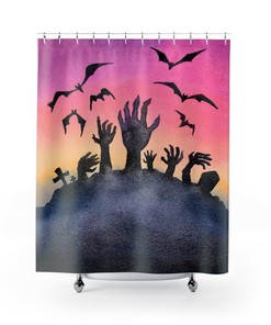 Retro Watercolor Graveyard Halloween Shower Curtain for Spooky Gothic Bathroom Decor