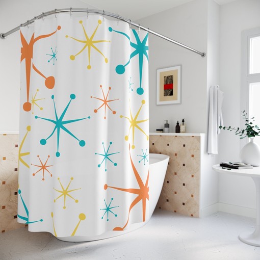 Retro and Fun Mid Century Modern Atomic Stars Shower Curtain - Invigorate Your Bathroom Decor
