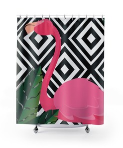 Retro-Chic Pink Flamingo with Black and White Geometric Retro Shower Curtain for a Fun and Retro Bathroom
