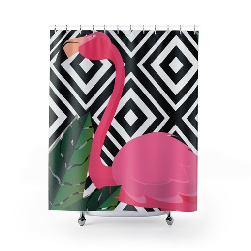 Retro-Chic Pink Flamingo with Black and White Geometric Retro Shower Curtain for a Fun and Retro Bathroom