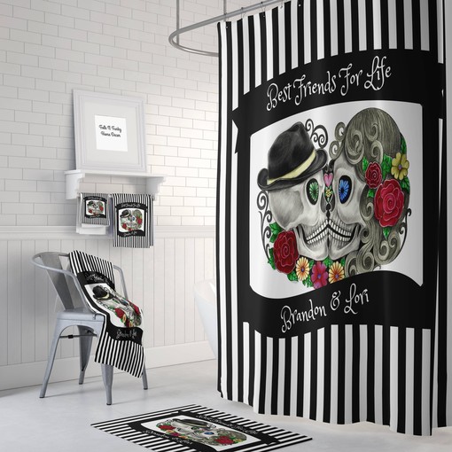 Romantic Kissing Skulls Sugar Skulls Day Of The Dead Shower Curtain Set