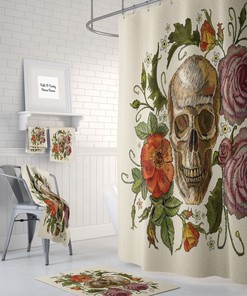 Romantic Poppies and Roses Sugar Skulls Day Of The Dead Shower Curtain Set