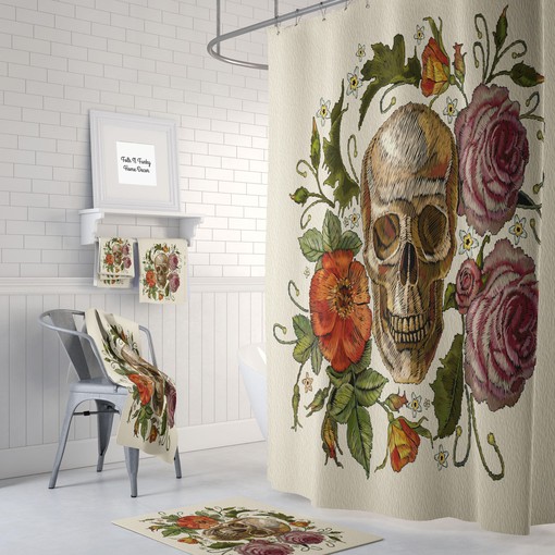 Romantic Poppies and Roses Sugar Skulls Day Of The Dead Shower Curtain Set