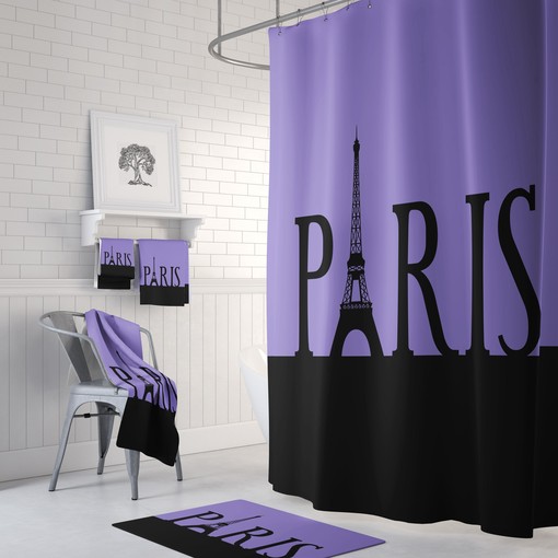 Romantic Purple Eiffel Tower Shower Curtain with Optional Bath Set