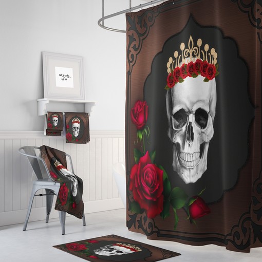 Romantic Red Rose King Sugar Skulls Day Of The Dead Shower Curtain Set