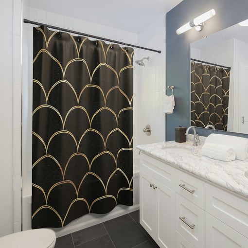 Royal Mermaid Scales Black and Gold Shower Curtain for Luxurious Beach House Bathroom | luxury shower curtains