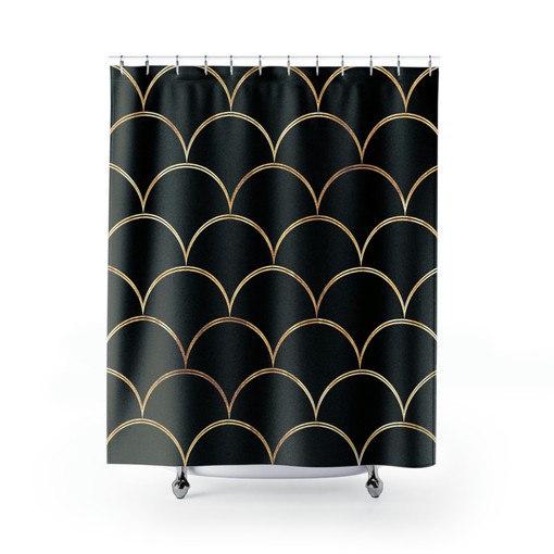 Royal Mermaid Scales Black and Gold Shower Curtain for Luxurious Beach House Bathroom | luxury shower curtains - Image 2