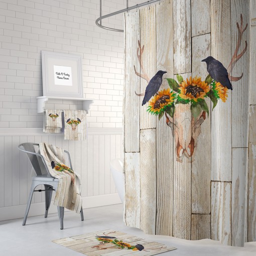 Rustic Antler Sunshine Crow Bathroom Shower Curtains, Optional Towels and Mat Bathroom Set