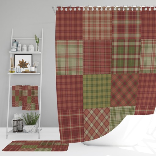 Rustic Bathroom Decor with Plaid Autumn Shower Curtain, Optional Bath Mats and Towels, and Restroom Shower Curtains