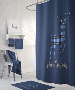 Rustic Blue Plaid Deer Shower Curtain with Rustic Bath Set for Cozy Bathroom Decor