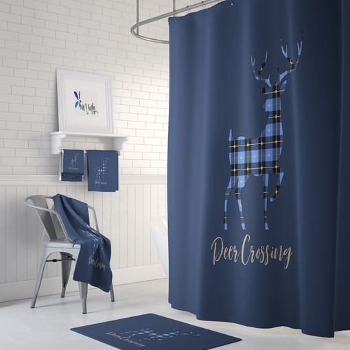 Rustic Blue Plaid Deer Shower Curtain with Rustic Bath Set for Cozy Bathroom Decor