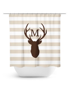 Rustic Brown Bathroom Decor with Monogram Shower Curtain featuring Brown Stripe, Deer Head Antler Bathtub Curtain