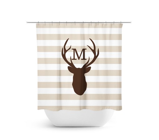 Rustic Brown Bathroom Decor with Monogram Shower Curtain featuring Brown Stripe, Deer Head Antler Bathtub Curtain