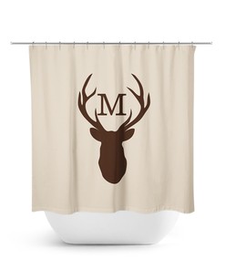 Rustic Brown Boy Bathroom Decor with Monogram Shower Curtain and Deer Head Antler Bathtub Curtain - SHOWER70